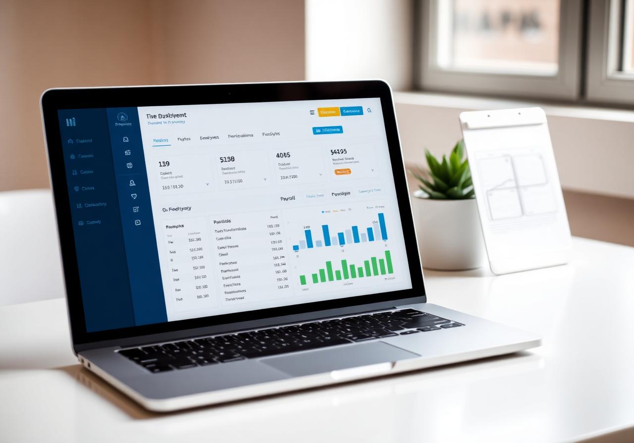 PeopleQore HR and payroll dashboard on a laptop